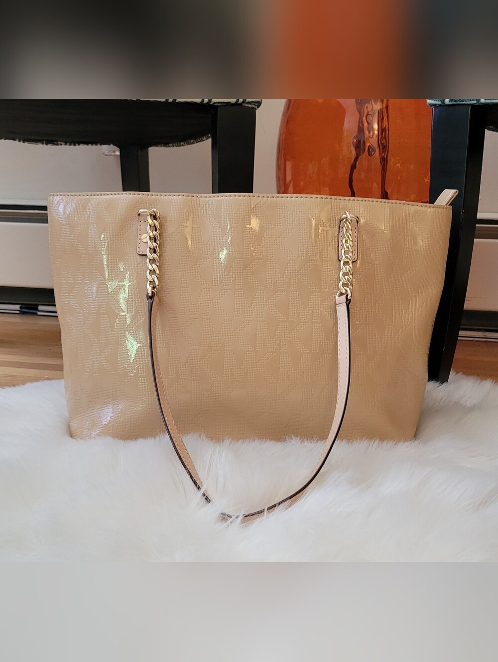 Michael Kors Patent Embossed Logo Tote in Beige